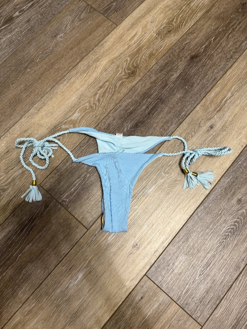 Light Blue Ribbed Cheeky Bikini Bottom Rope Tassel Ties S